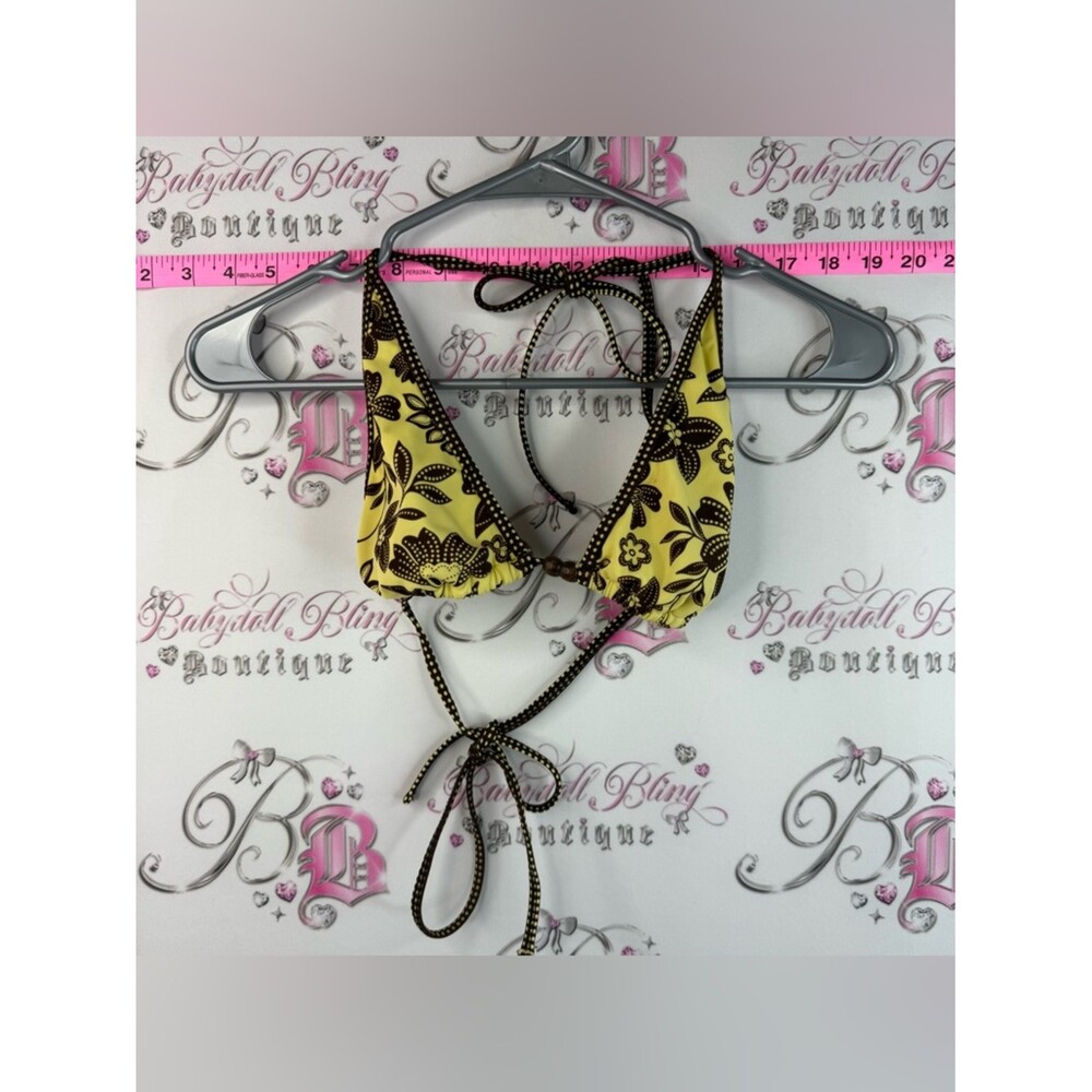 Pool Party Bralette Bathing suit top Yellow Floral Triangle with Brown Trim